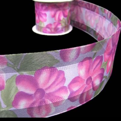 1 Pcs 2 1/2"W Sheer Edge Wired Ribbon Pink Purple Flower 10 Yards, Flowers Ribbon for Gift Wrapping | #AA120RK
