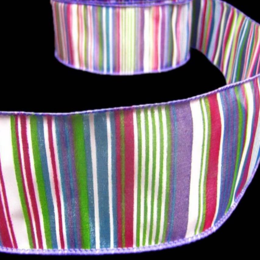 1 Pcs 2 1/2"W Sheer Wired Ribbon Lavender Purple Pink Green White Blue 5 Yards, Stripe Ribbon for Gift Wrapping | #AA120RK