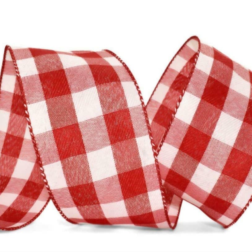 1 Pcs 2 1/2"W Gingham Checked Wired Ribbon Red and White 5 Yards, Gingham Ribbon for Gift Wrapping | #AA120RK