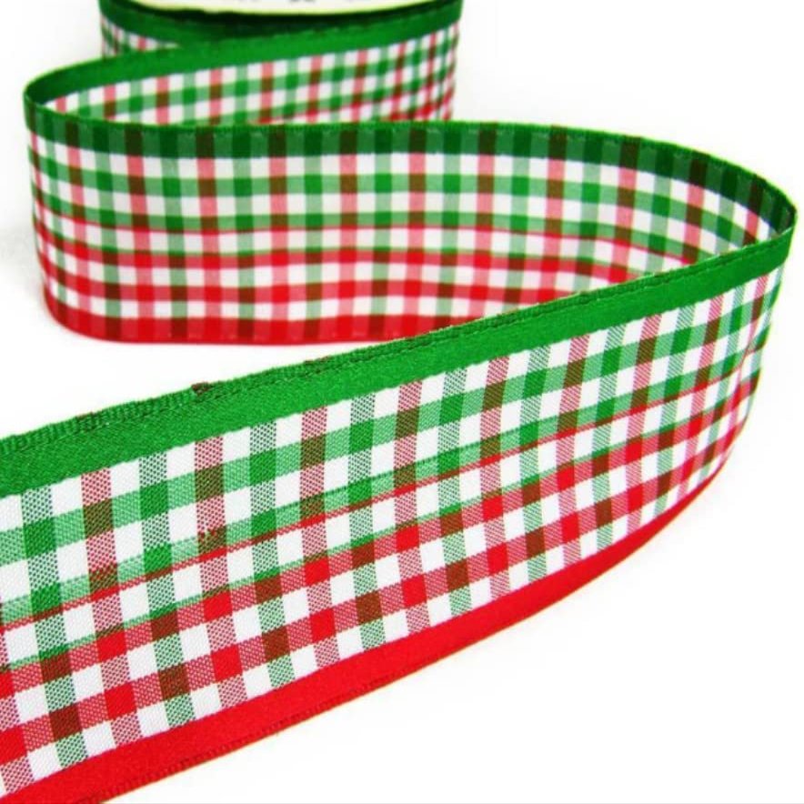 1 Pcs 1 1/2"W Gingham Ribbon Red Green 5 Yards, Gingham Ribbon for Gift Wrapping | #AA120RK