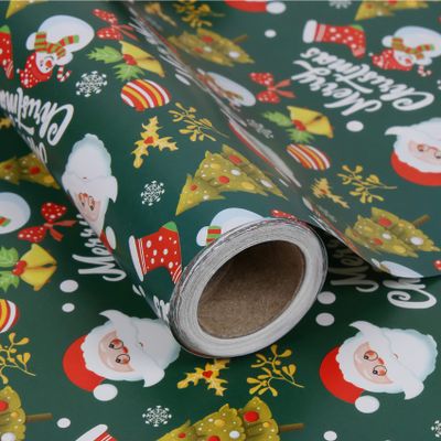 Aimyoo Kids Christmas Wrapping Paper Jumbo Roll, Green Xmas Gift Wrap Paper 17 inx 32 ft, Cute Snowman Santa Red Stockings Holly Bells Merry Christmas Letters Design