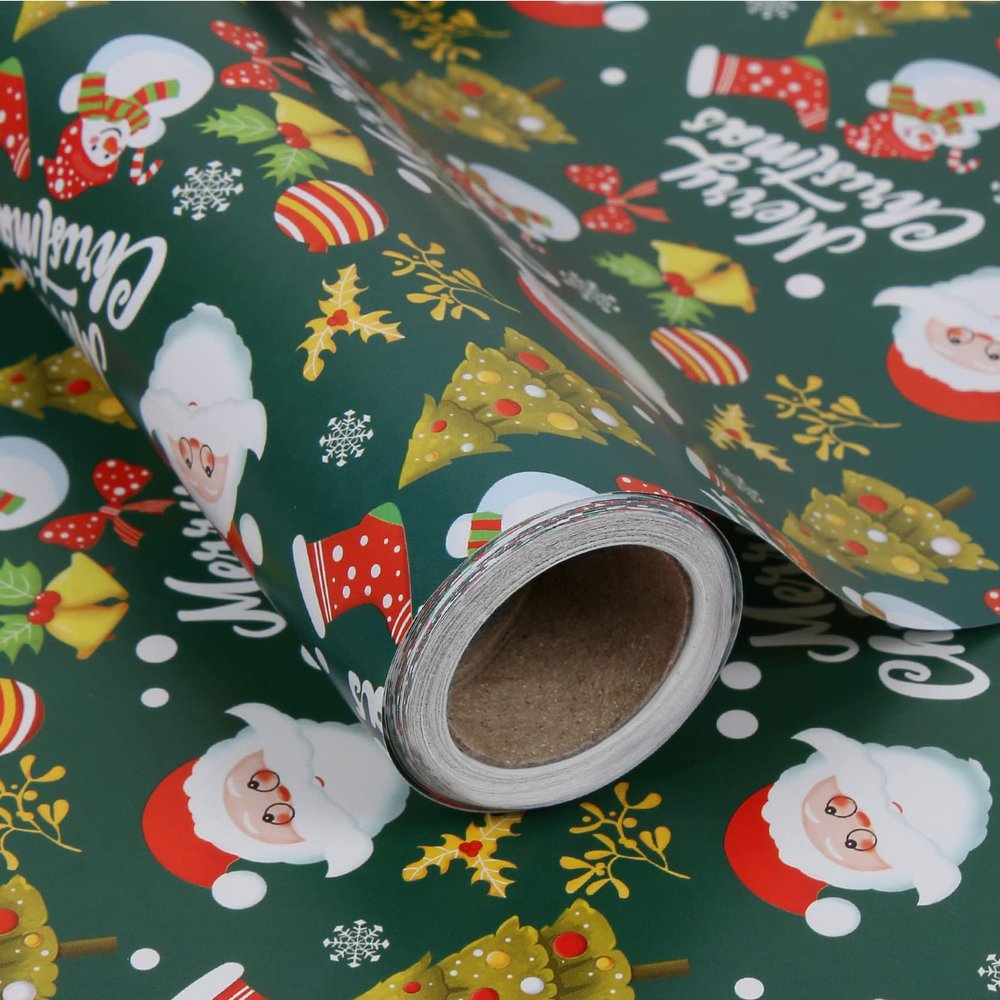 Aimyoo Kids Christmas Wrapping Paper Jumbo Roll, Green Xmas Gift Wrap Paper 17 inx 32 ft, Cute Snowman Santa Red Stockings Holly Bells Merry Christmas Letters Design