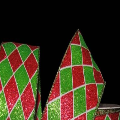 1 Pcs 2 1/2"W Diamond Harlequin Jester Wired Ribbon Red Green White Glitter 10 Yards, Ribbon for Gift Wrapping | #AA120RK