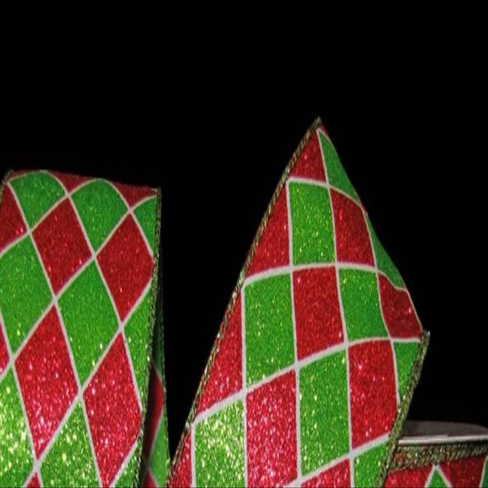 1 Pcs 2 1/2"W Diamond Harlequin Jester Wired Ribbon Red Green White Glitter 10 Yards, Ribbon for Gift Wrapping | #AA120RK