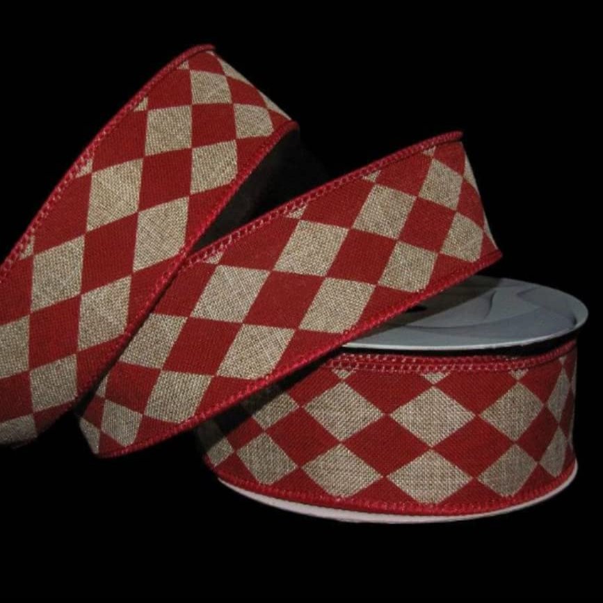 1 Pcs 1 1/2"W Jester Harlequin Diamond Wired Ribbon Red Beige Brown 10 Yards, Ribbon for Gift Wrapping | #AA120RK