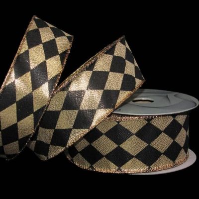 1 Pcs 1 1/2"W Diamond Harlequin Jester Wired Ribbon Gold Black 10 Yards, Ribbon for Gift Wrapping | #AA120RK