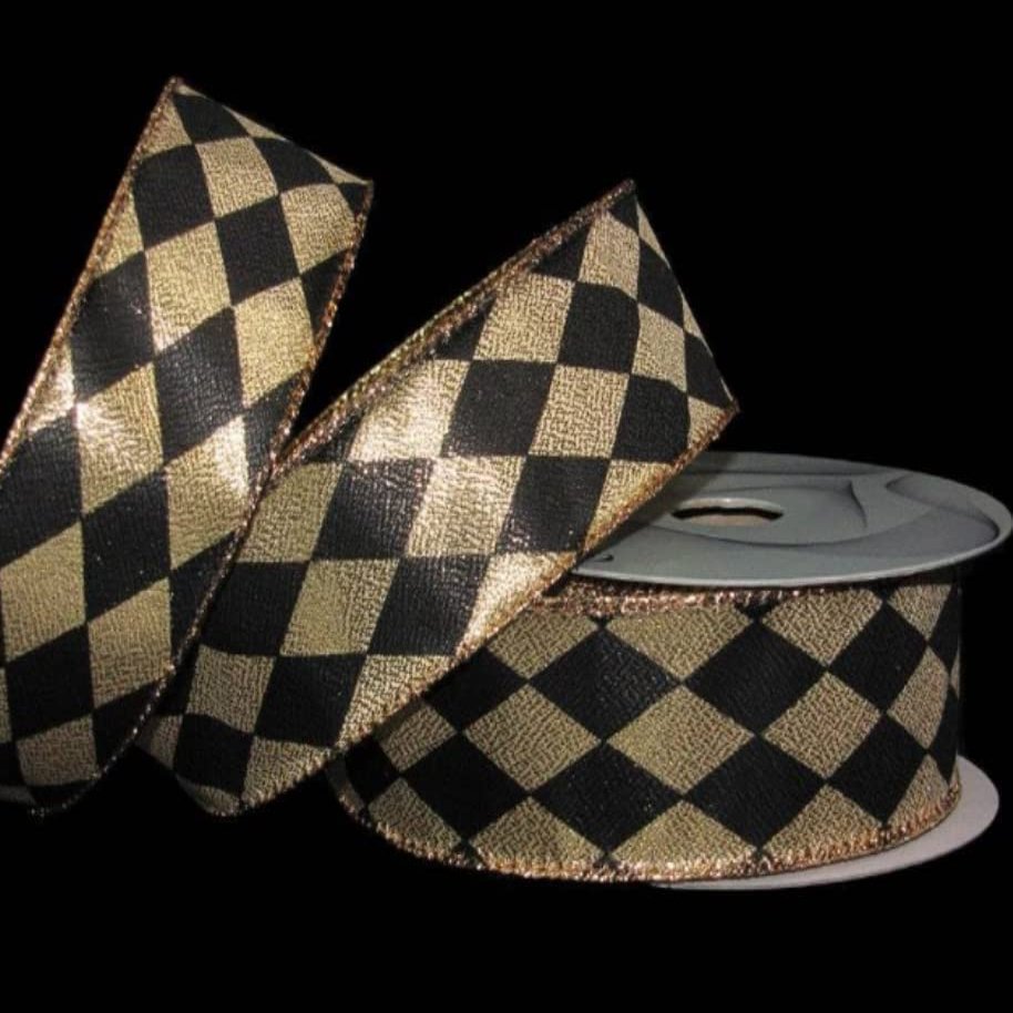 1 Pcs 1 1/2"W Diamond Harlequin Jester Wired Ribbon Gold Black 10 Yards, Ribbon for Gift Wrapping | #AA120RK