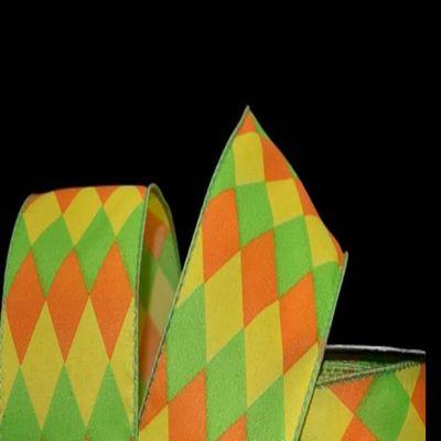 1 Pcs 2 1/2"W Jester Diamond Harlequin Wired Ribbon Orange Yellow Green Citrus 5 Yards, Ribbon for Gift Wrapping | #AA120RK