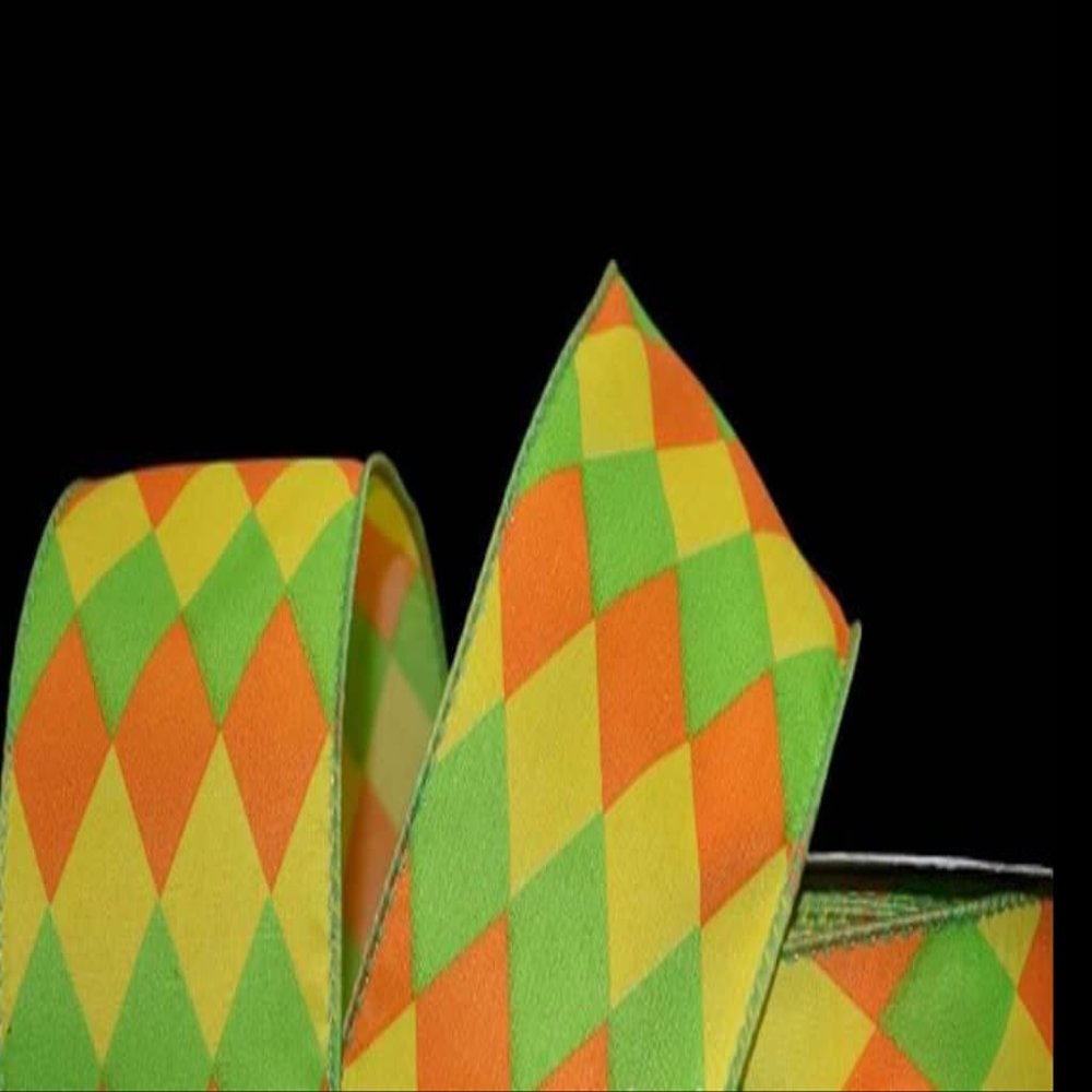 1 Pcs 2 1/2"W Jester Diamond Harlequin Wired Ribbon Orange Yellow Green Citrus 5 Yards, Ribbon for Gift Wrapping | #AA120RK