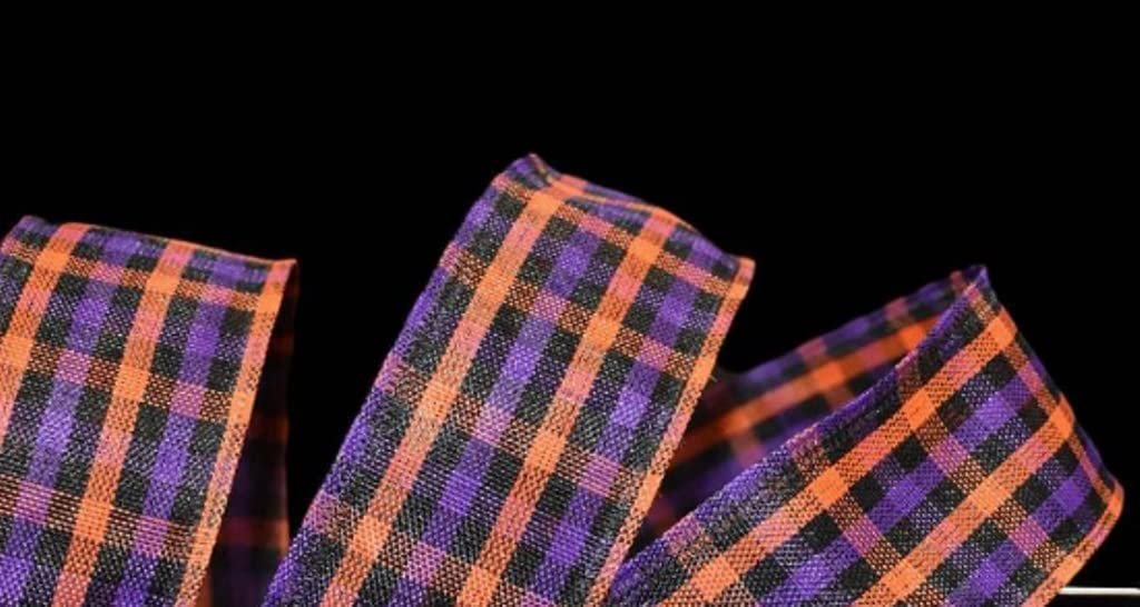 1 Pcs 1 1/2"W Gingham Plaid Checked Wired Ribbon Orange Black Purple 10 Yards, Ribbon for Gift Wrapping | #AA120RK