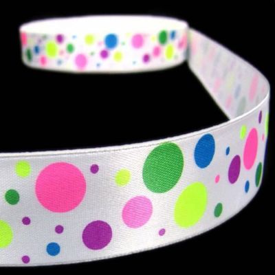 1 Pcs 7/8"W Polka Dot Satin Ribbon White Neon Pink Green Blue Yellow 5 Yards, Ribbon for Gift Wrapping | #AA120RK
