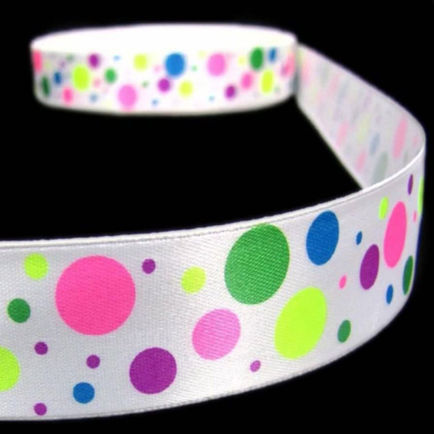 1 Pcs 7/8"W Polka Dot Satin Ribbon White Neon Pink Green Blue Yellow 5 Yards, Ribbon for Gift Wrapping | #AA120RK