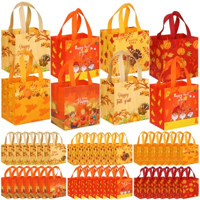 Sanwuta 48 Pcs Fall Thanksgiving Non Woven Tote Bags with Handles, Waterproof Autumn Goodie Pumpkin Tote, Thanksgiving Party Favor