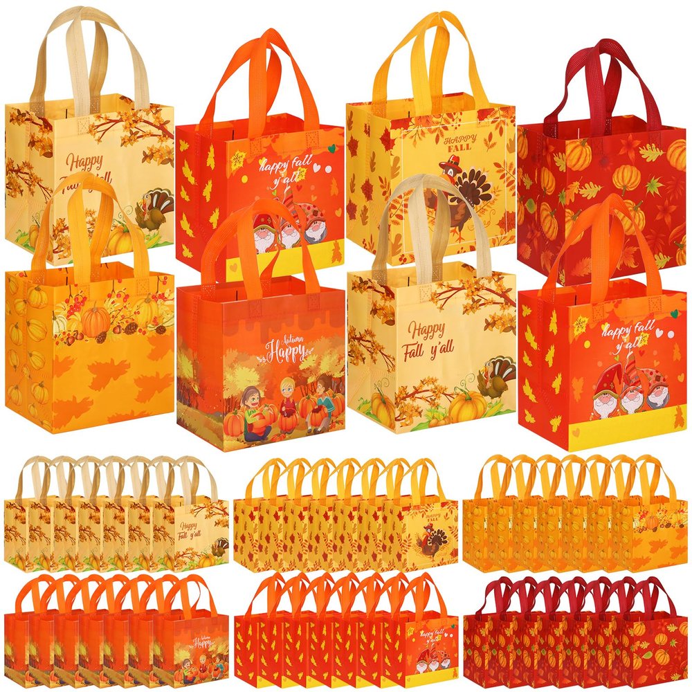 Sanwuta 48 Pcs Fall Thanksgiving Non Woven Tote Bags with Handles, Waterproof Autumn Goodie Pumpkin Tote, Thanksgiving Party Favor