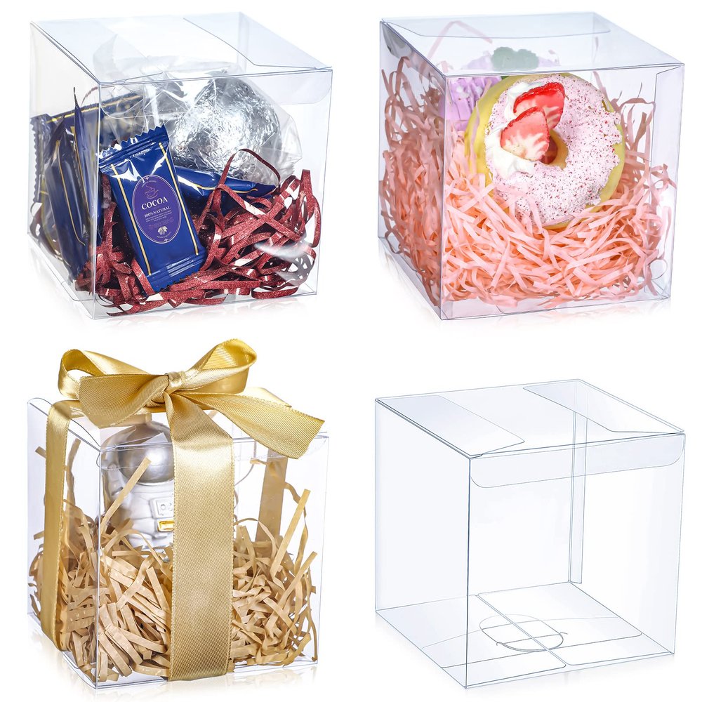 100 Pcs Clear Favor Boxes Plastic Clear Gift Boxes 4 x 4 x 4 Inch Candy Transparent PVC Gift Package for Teacher Students Back to School Wedding Bridal Baby Shower Party Cupcake Macaron Candy Cookie
