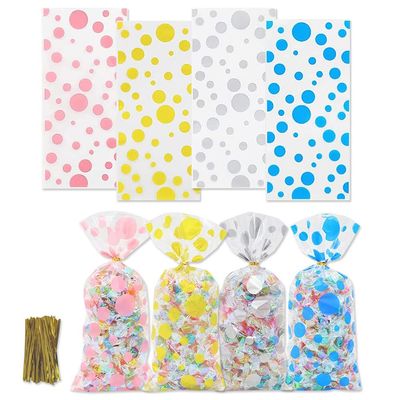 WDNUKEE 100pcs Clear Treat Bags, Polka Dot Cellophane Bags, Plastic Christmas Cello Bags Sweets Bags with 100 Twist Ties (4 Pattern)