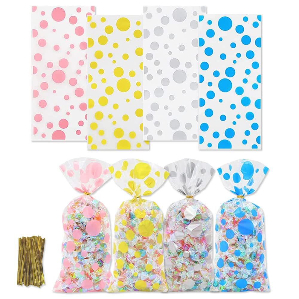 WDNUKEE 100pcs Clear Treat Bags, Polka Dot Cellophane Bags, Plastic Christmas Cello Bags Sweets Bags with 100 Twist Ties (4 Pattern)