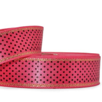 1 Pcs 1 1/8"W Polka Dot Gold Edge Stripe Double Face Satin Ribbon Pink Black 10 Yards, Polka Dot Ribbon for Gift Wrapping | #AA120RK