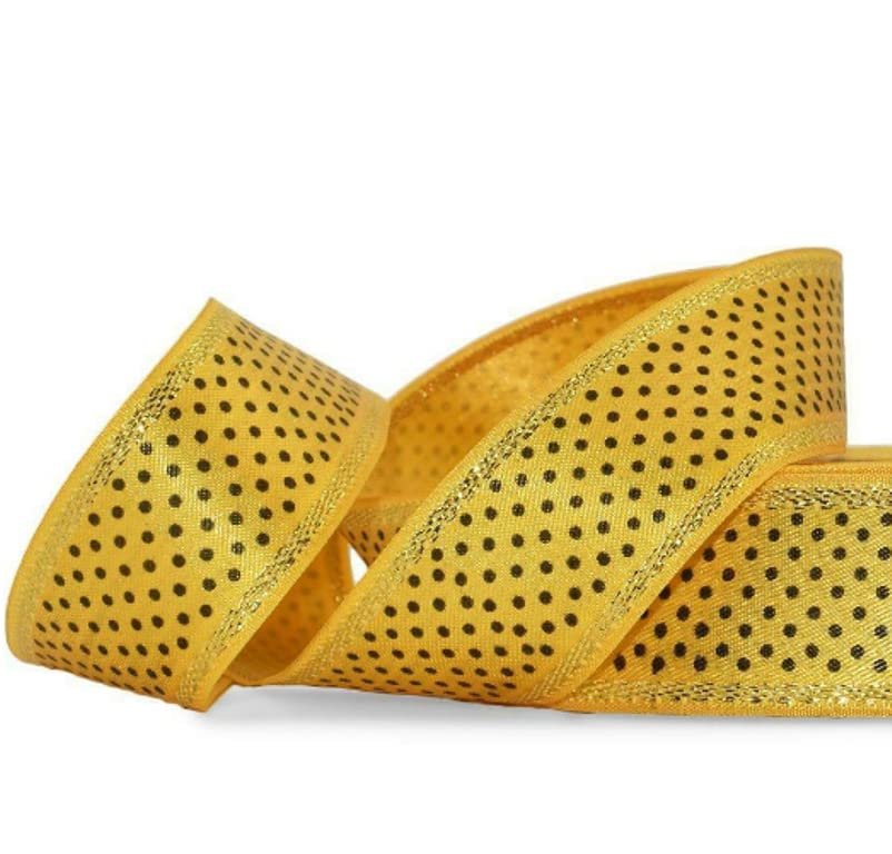 1 Pcs 1 1/8"W Polka Dot Gold Edge Stripe Double Face Satin Ribbon Yellow Black 10 Yards, Polka Dot Ribbon for Gift Wrapping | #AA120RK