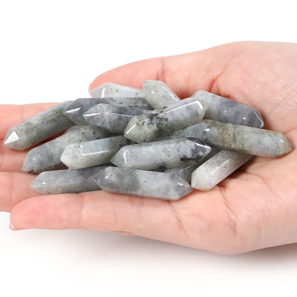 10 PCS Grey Labradorite Healing Crystals Wands Polished Tumbled Stones Bulk Natural Hexagonal Pointed Reiki Energy Balancing Meditation Therapy Chakra Pocket Wand Set Gift