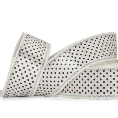 1 Pcs 1 1/8"W Polka Dot Silver Edge Stripe Double Face Satin Ribbon White Black 10 Yards, Polka Dot Ribbon for Gift Wrapping | #AA120RK