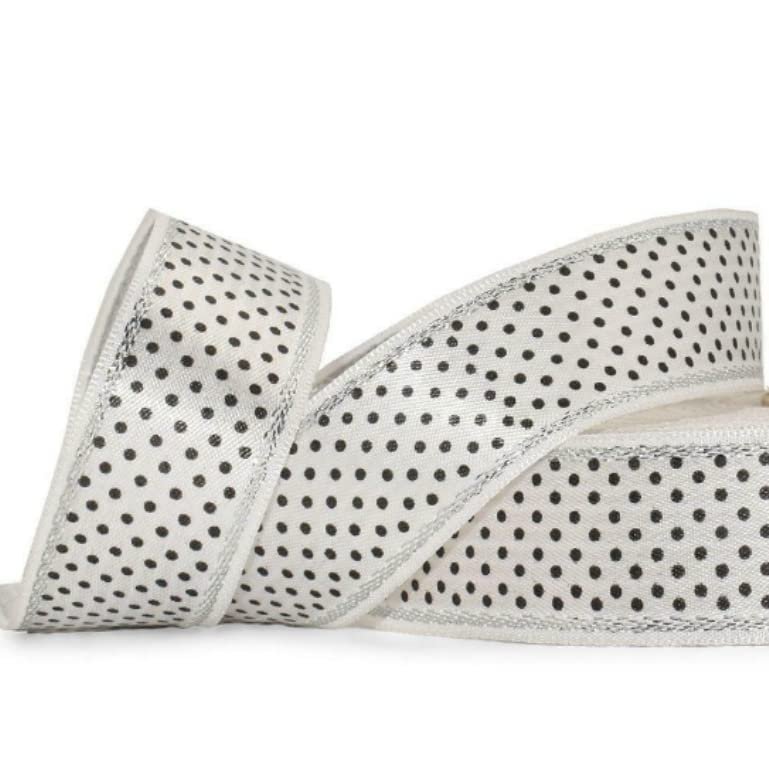 1 Pcs 1 1/8"W Polka Dot Silver Edge Stripe Double Face Satin Ribbon White Black 10 Yards, Polka Dot Ribbon for Gift Wrapping | #AA120RK