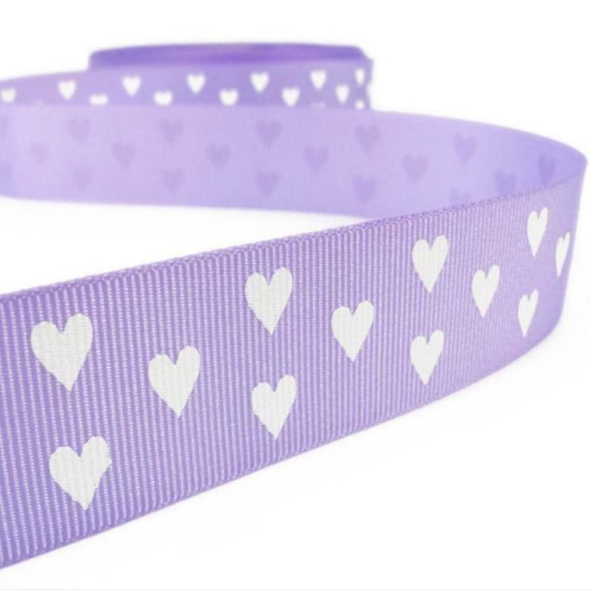 1 Pcs 7/8"W Grosgrain Ribbon Light Purple Lavender White Hearts 5 Yards, Ribbon for Gift Wrapping | #AA120RK