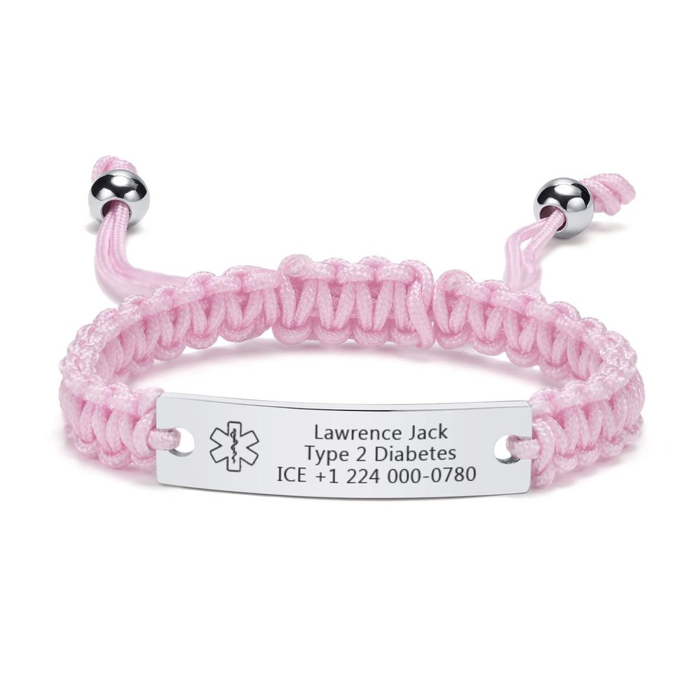 XUANPAI Medical Alert Bracelet for Women-Free Personalized Handmade Adjustable Braided Rope Mens /Medical ID Men Women/Medical Identification pink