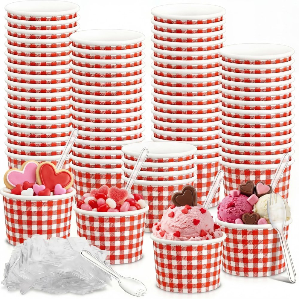 Tessco for you 100 Pack 12oz Valentine's Day Ice Cream Cups with Plastic Spoons Red and White Checkered Snack Bowls Paper Plaid Cups for Hot Soup Snacks Fruits Christmas Party Supplies(Red)