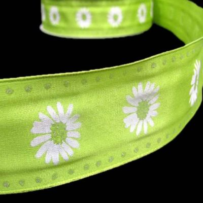 1 Pcs 1 1/2"W Daisies Flowers Glitter Polka Dot Wired Ribbon Lime Green White 5 Yards, Ribbon for Gift Wrapping | #AA120RK