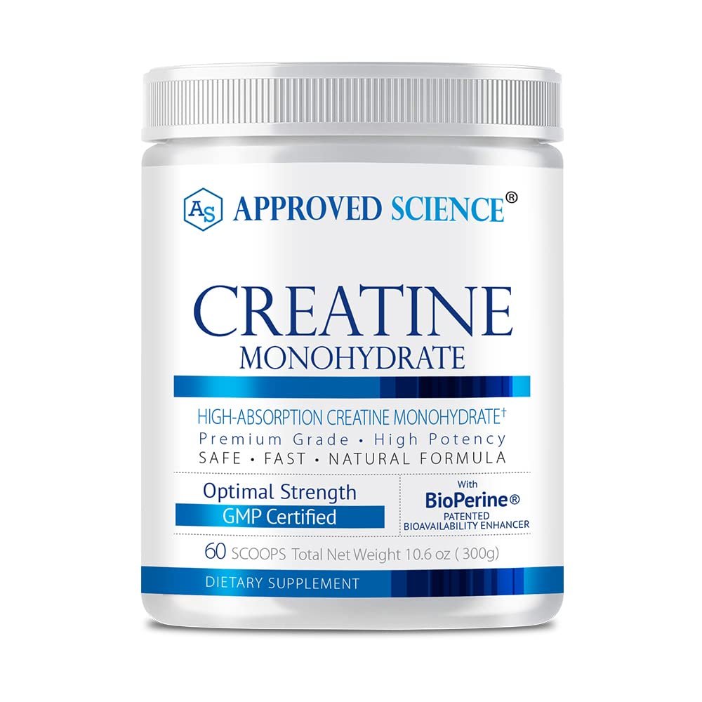Approved Science Creatine Monohydrate Powder with BioPerine - Supports Lean Muscle Growth and Recovery - 60 Servings - 5g Per Serving - Unflavored - Non-GMO, Vegan