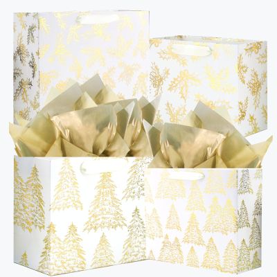 UNIQOOO 12PCS Assorted Metallic Gold Bags, Size L 12.5'' M 9'', Gilded Xmas Tree Gift Wrap Bags, Golden Mistletoe Paper Favor Bag Gift Packaging For Thanksgiving Holiday New Year Party