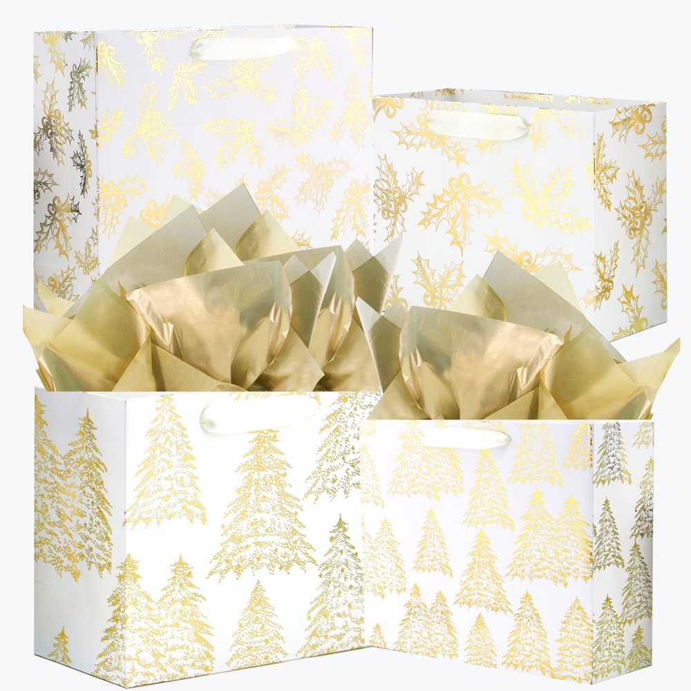UNIQOOO 12PCS Assorted Metallic Gold Bags, Size L 12.5'' M 9'', Gilded Xmas Tree Gift Wrap Bags, Golden Mistletoe Paper Favor Bag Gift Packaging For Thanksgiving Holiday New Year Party