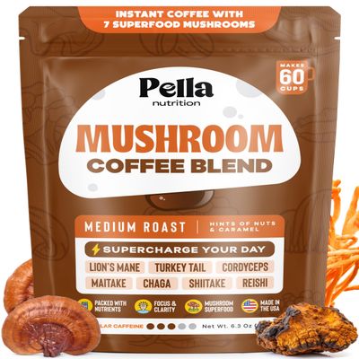 Pella Nutrition Mushroom Coffee Lions Mane, Reishi, Chaga, Cordyceps, Shiitake, Maitake, and Turkey Tail Mushroom Supplement Superfood Instant Coffee for Focus & Energy (Regular Caffeine, 60 Cups)