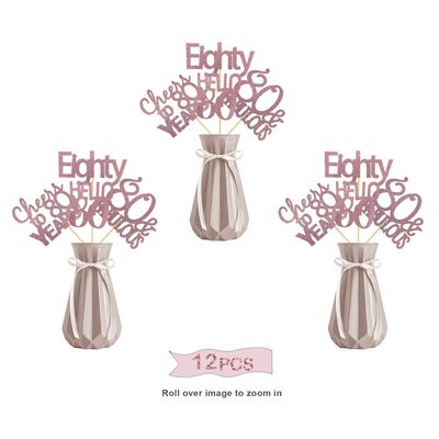 12 Pcs Glitter Rosegold 80th Birthday Party Decoration - Hello 80 - Cheers To 80 Years - Eighty - 80 & Fabulous - Happy Eighty Birthday Centerpiece Sticks Flower Toppers Table Toppers