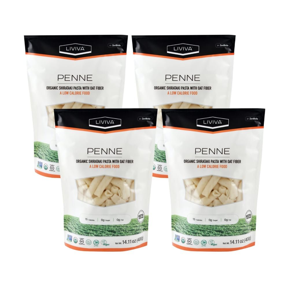 LIVIVA Shirataki Konjac Penne (4 Pk - 73.33 oz)  Diabetic-Friendly Low Carb, Low Calorie Pasta Noodles Ready to Serve  No Odor, Certified Non-GMO, Gluten Free, Vegan, Plant-Based, Keto, Kosher, Halal