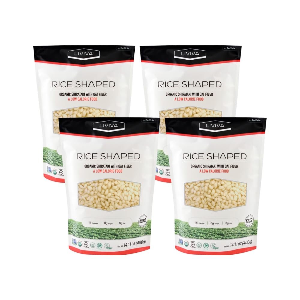 LIVIVA Shirataki Konjac Rice Shaped Noodle 4 Pk (73.33 oz) Diabetic-Friendly Low Carb, Low Calorie Pasta Noodles Ready to Serve No Odor, Certified Non-GMO, Gluten Free, Vegan, Plant-Based, Keto, Kosher, Halal