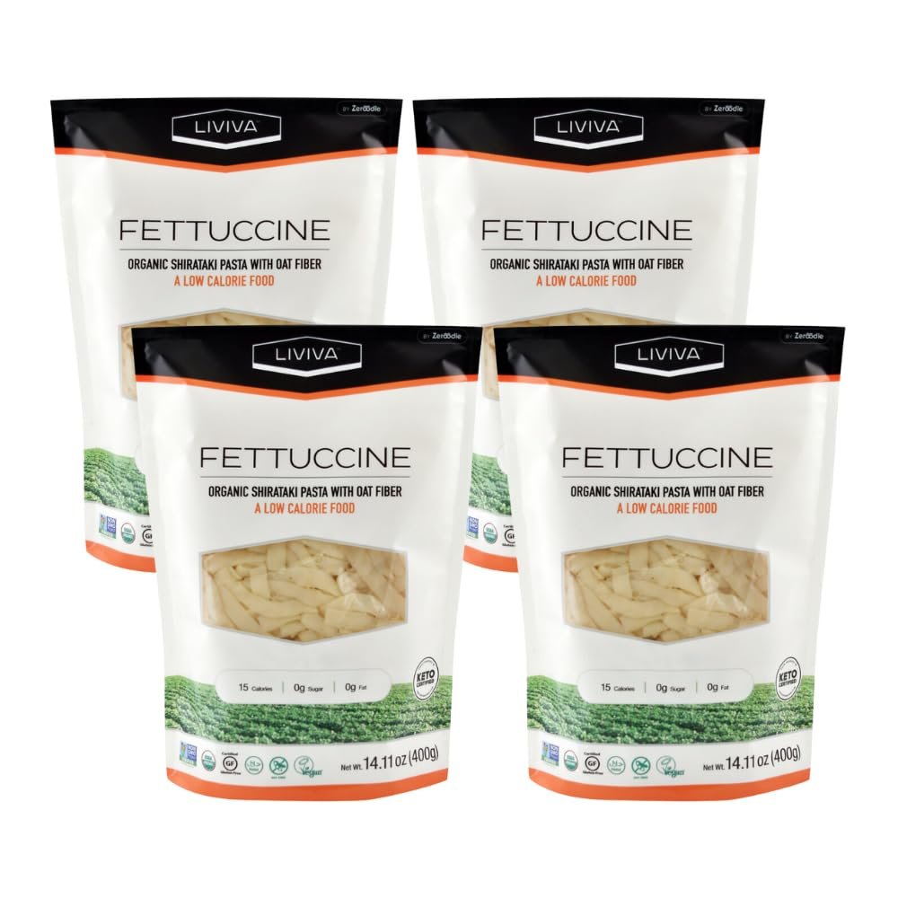 LIVIVA Shirataki Konjac Fettuccine (4 Pk - 73.33 oz)  Diabetic-Friendly Low Carb, Low Calorie Pasta Noodles Ready to Serve  No Odor, Certified Non-GMO, Gluten Free, Vegan, Plant-Based, Keto, Kosher, Halal