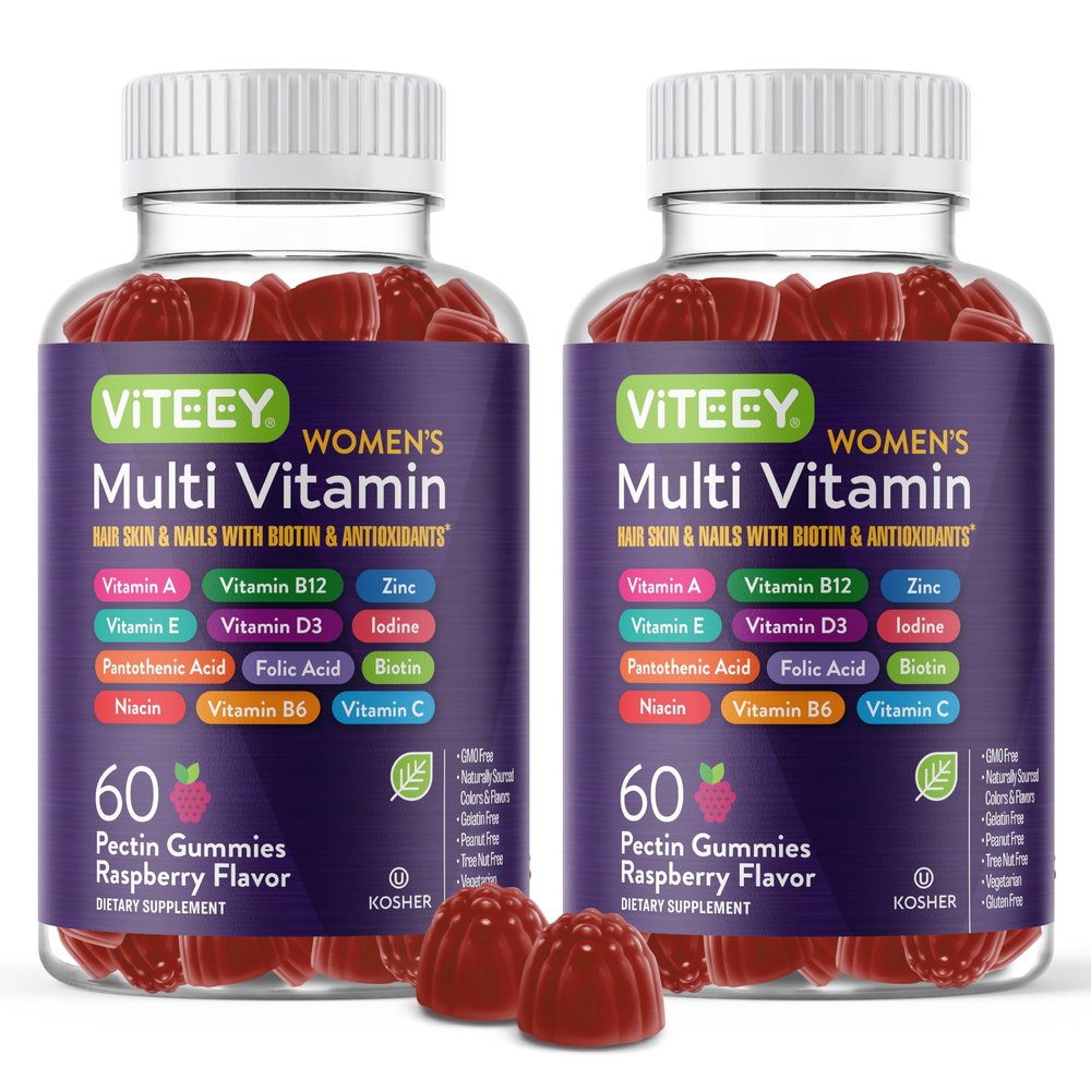 Viteey Womens Multivitamin Gummies - Immune Support - 12 in 1 Essential Vitamins & Minerals - Vitamin A, C, D3, E, B6, B12, Folic Acid, Biotin, Calcium, Zinc & More - Vegetarian - Raspberry Flavored
