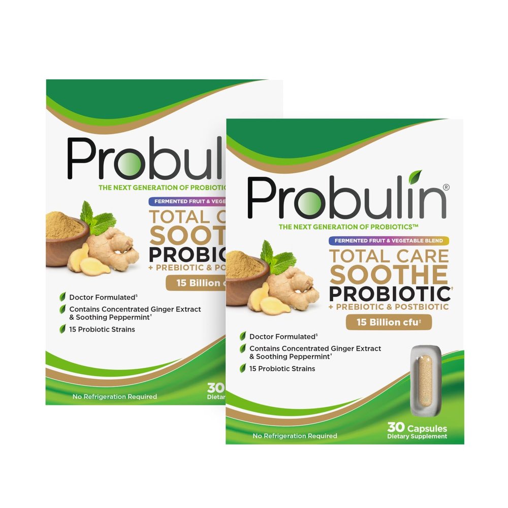 Probulin Total Care Soothe = Prebiotics + Probiotics + Postbiotics + Ginger + Peppermint for Soothing Digestive Support - 15 Bill CFU - 15 Strains - 30 Vegan Caps (Twin Pack)