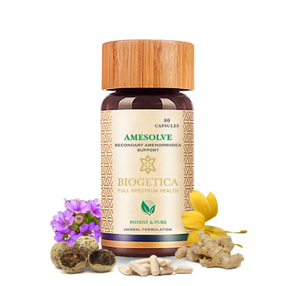 Biogetica Amesolve Herbal Support for Secondary Amenorrhoea with Punarava and Asparagus Racemose - Helps Regulates The Menstrual Cycle - Non-GMO - 100% Vegan Ayurveda Supplement - 80 Capsules