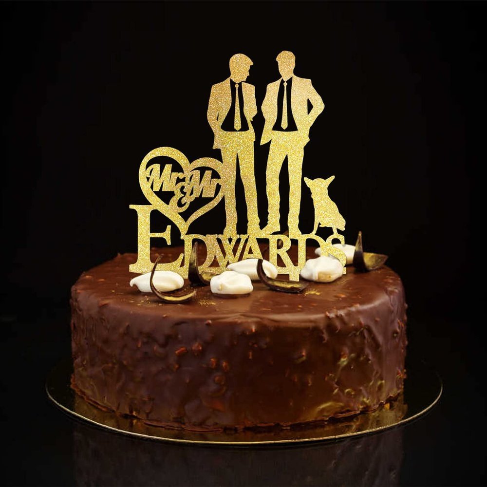 Gay Wedding Cake Topper Glitter Gold With Dog Cat Beach His And His Cake Topper Silhouette LGBTQ Wedding Cake Decorations Customize Surname Date Gay Wedding Engagement Gifts