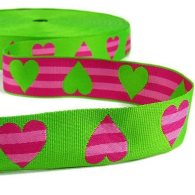 1 Pcs 1"W Woven Heart Reversible Jacquard Ribbon Green Pink Striped 5 Yards, Ribbon for Gift Wrapping | #AA120RK
