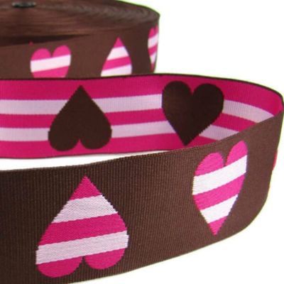 1 Pcs 1 1/2"W Woven Heart Reversible Jacquard Ribbon Brown Pink Striped 5 Yards, Ribbon for Gift Wrapping | #AA120RK