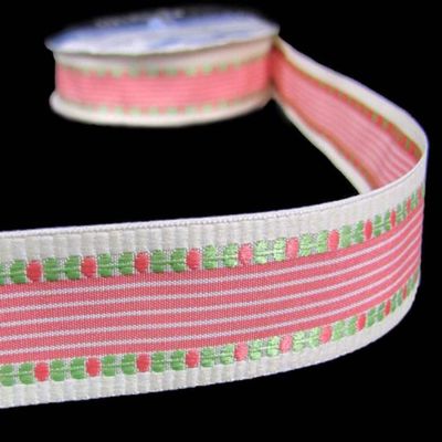 1 Pcs 7/8"W Woven Embroidered Flower Striped Ribbon Coral Peach Green 5 Yards, Ribbon for Gift Wrapping | #AA120RK