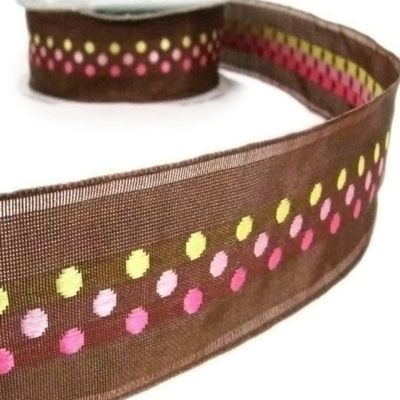 1 Pcs 1 1/2"W Woven Jacquard Polka Dot Brown Ribbon Pink Yellow 5 Yards, Ribbon for Gift Wrapping | #AA120RK