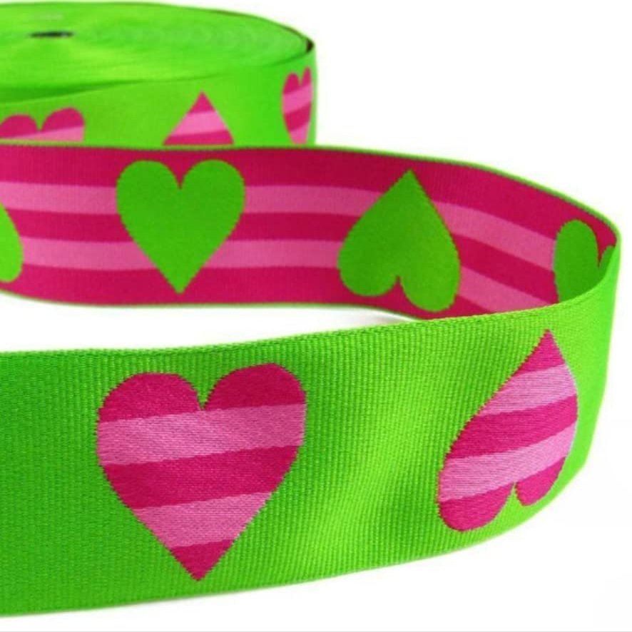 1 Pcs 1 1/2"W Woven Heart Reversible Jacquard Ribbon Green Pink Striped 5 Yards, Ribbon for Gift Wrapping | #AA120RK