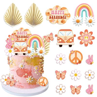 15 PCS Groovy Cupcake Toppers Boho Rainbow Cake Topper Hippie Party Decorations with Flower Bus Happy Birthday for Girl 2nd Birthday Party 60s Theme Boho Groovy Party Supplies (Bohemia)