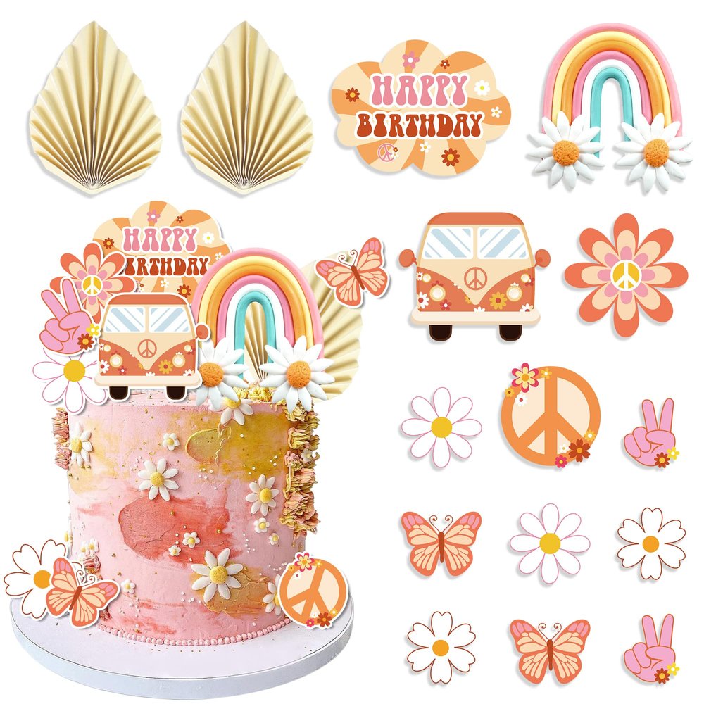 15 PCS Groovy Cupcake Toppers Boho Rainbow Cake Topper Hippie Party Decorations with Flower Bus Happy Birthday for Girl 2nd Birthday Party 60s Theme Boho Groovy Party Supplies (Bohemia)