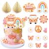 15 PCS Groovy Cupcake Toppers Boho Rainbow Cake Topper Hippie Party Decorations with Flower Bus Happy Birthday for Girl 2nd Birthday Party 60s Theme Boho Groovy Party Supplies (Bohemia) view 1